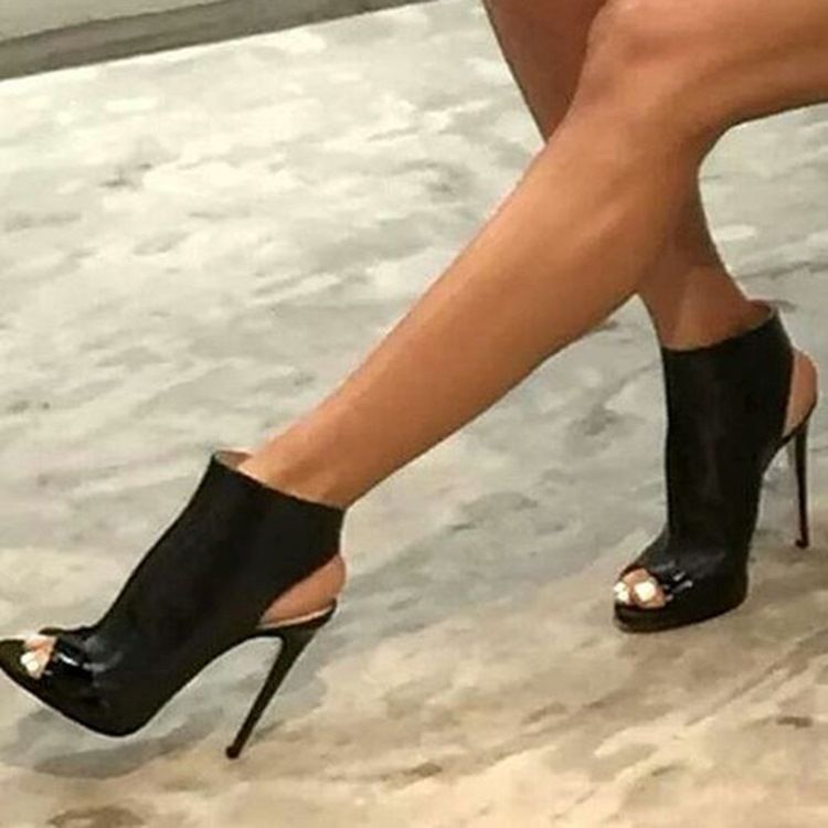 Damskie Fajne CZarne Sandały Peep Toe Bez Pleców Stiletto