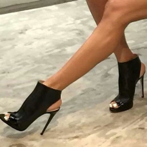 Damskie Fajne CZarne Sandały Peep Toe Bez Pleców Stiletto