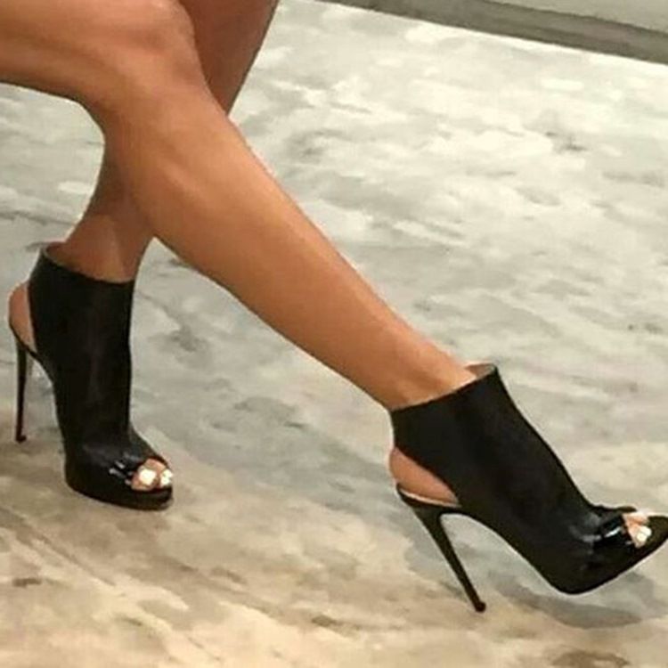 Damskie Fajne CZarne Sandały Peep Toe Bez Pleców Stiletto