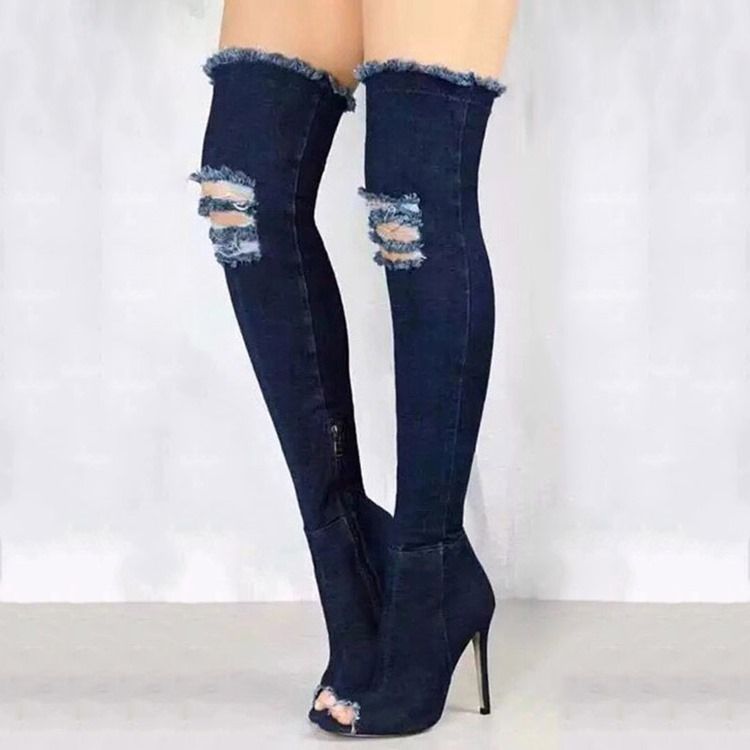 Denim Botki Peep Toe Damskie Kozaki Do Kolan