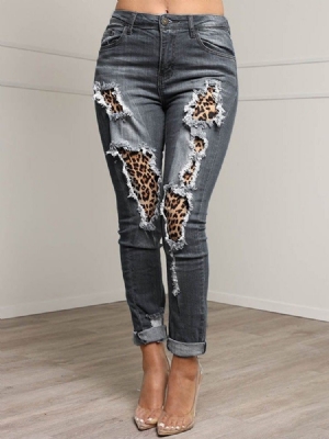 Patchwork Leopard Ołówek Spodnie Zamek Damskie Slim Jeans