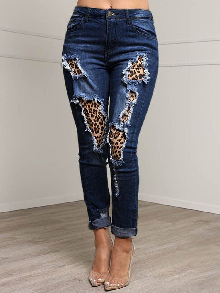 Patchwork Leopard Ołówek Spodnie Zamek Damskie Slim Jeans