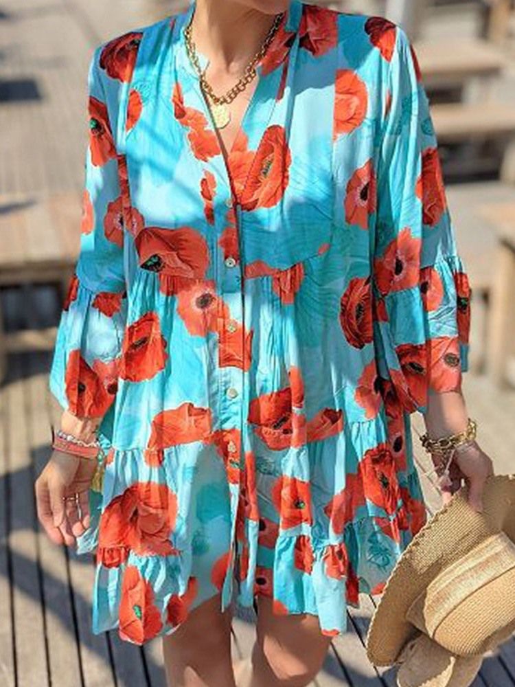 Powyżej Guzika Kolanowego Dziewięć Punktów Rękawa Moda A-line Floral Maxi Dress Sukienki Plażowe Dla Kobiet