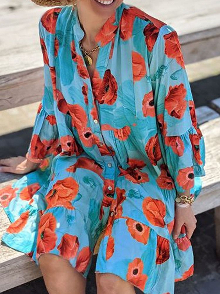 Powyżej Guzika Kolanowego Dziewięć Punktów Rękawa Moda A-line Floral Maxi Dress Sukienki Plażowe Dla Kobiet