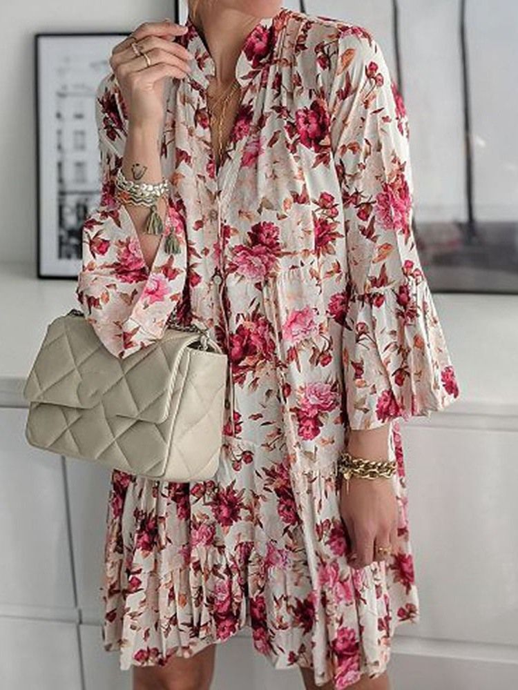 Powyżej Guzika Kolanowego Dziewięć Punktów Rękawa Moda A-line Floral Maxi Dress Sukienki Plażowe Dla Kobiet