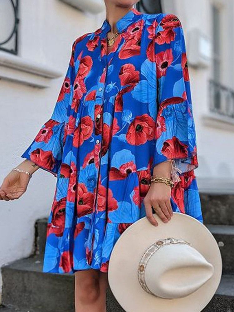 Powyżej Guzika Kolanowego Dziewięć Punktów Rękawa Moda A-line Floral Maxi Dress Sukienki Plażowe Dla Kobiet