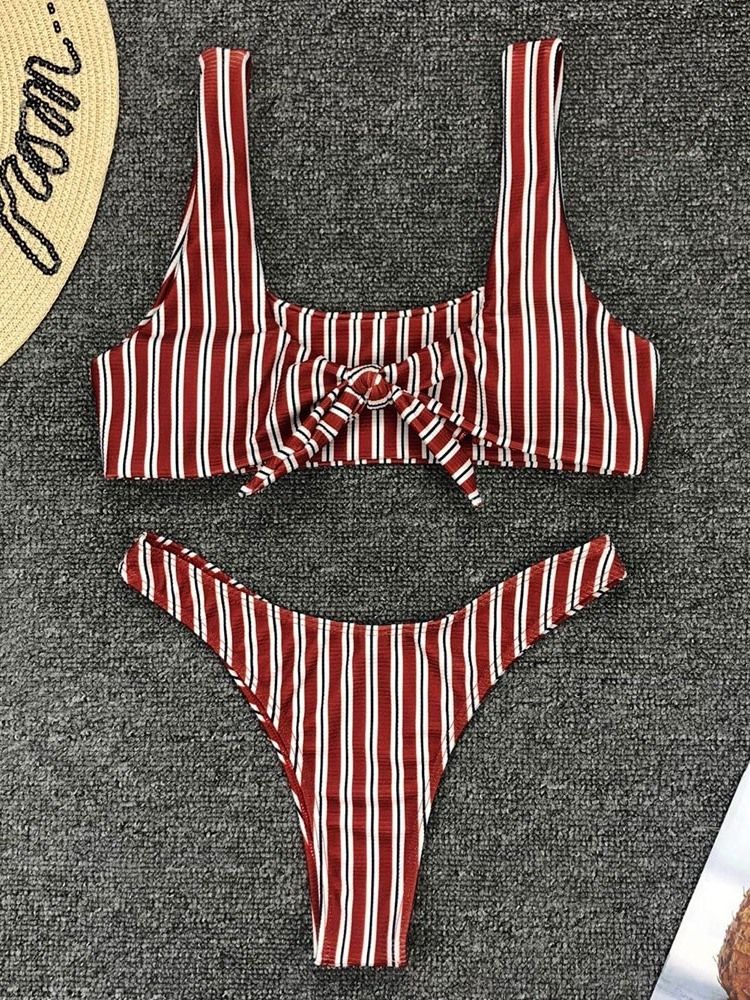 Damski Zestaw Bikini W Paski Z Kokardą Beach Look Elastyczny Strój Kąpielowy