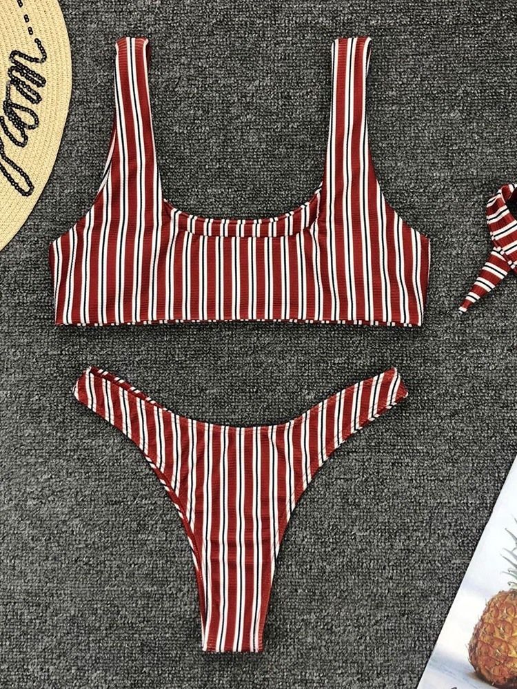 Damski Zestaw Bikini W Paski Z Kokardą Beach Look Elastyczny Strój Kąpielowy