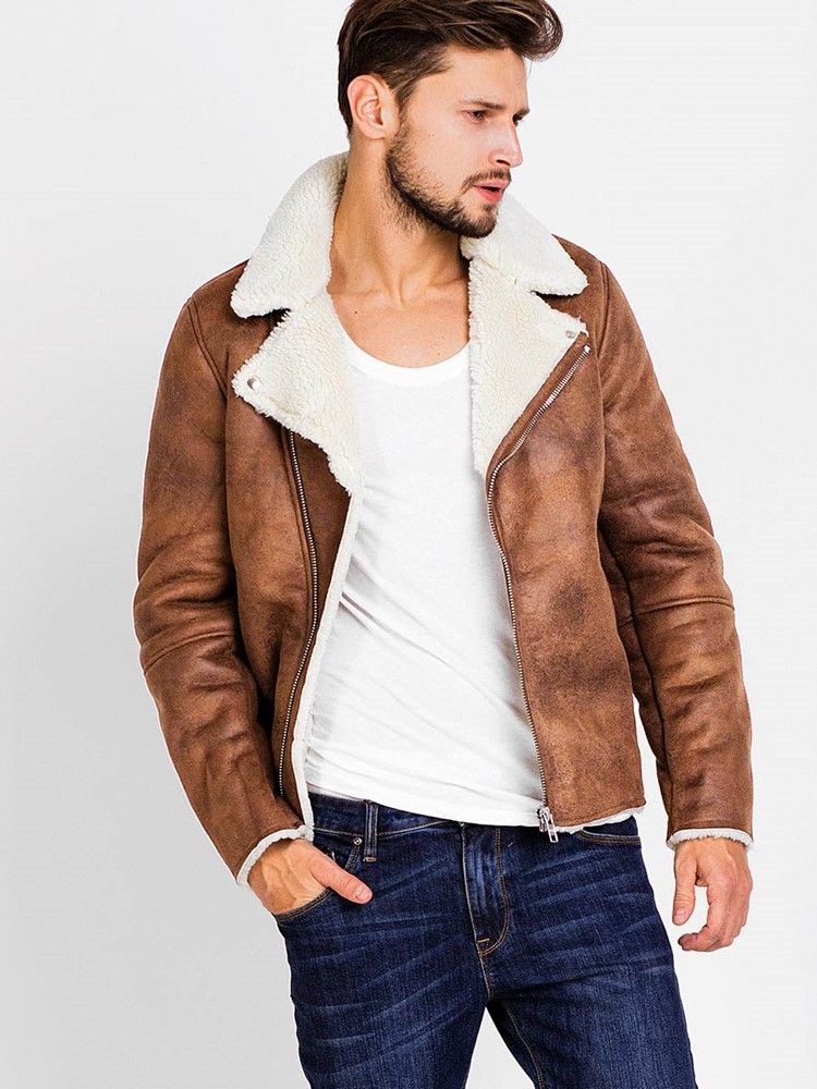 Lapel Pu Zip Faux Shearling Ciepła Męska Kurtka Vogue