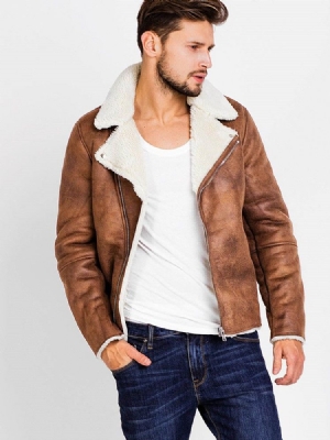 Lapel Pu Zip Faux Shearling Ciepła Męska Kurtka Vogue