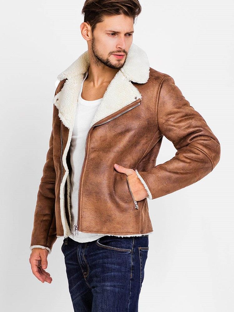 Lapel Pu Zip Faux Shearling Ciepła Męska Kurtka Vogue