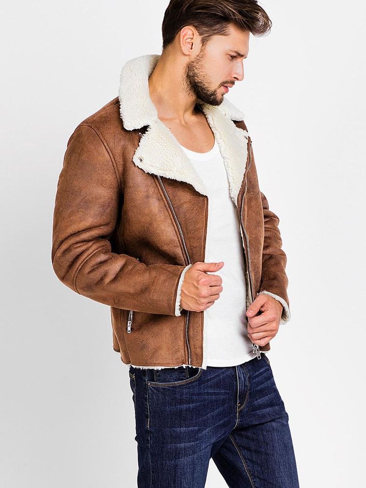 Lapel Pu Zip Faux Shearling Ciepła Męska Kurtka Vogue