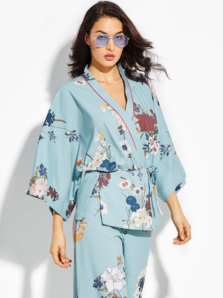 Luźny Damski Płaszcz Kimono W Kwiaty