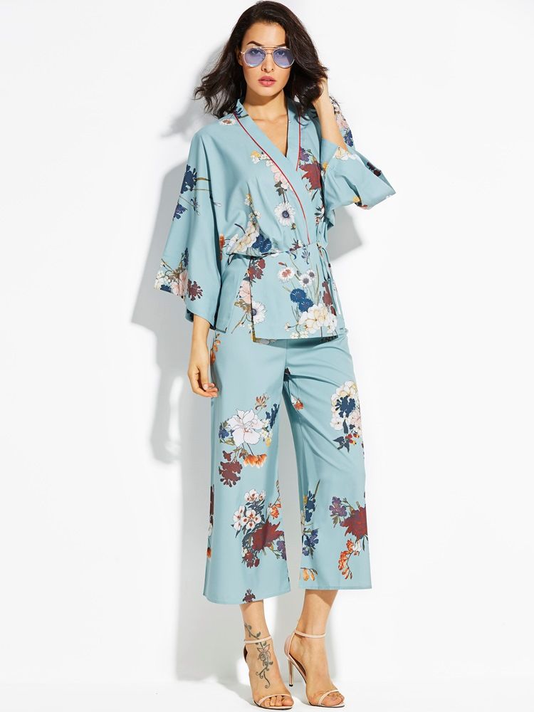 Luźny Damski Płaszcz Kimono W Kwiaty