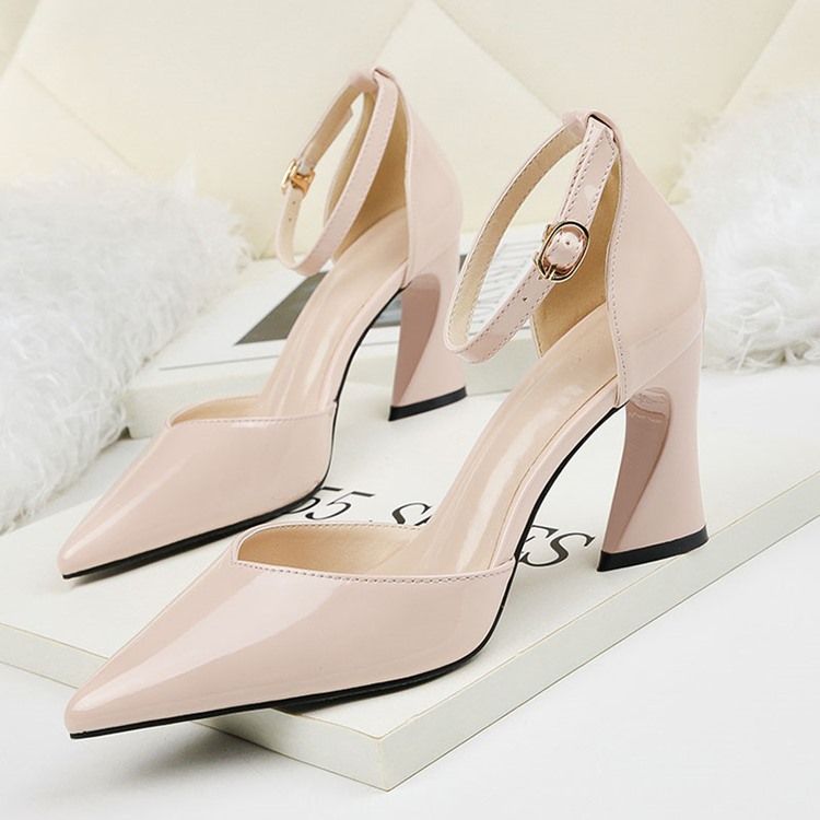 Pu Pointed Toe Chunky Heel Buckle Damskie CZółenka