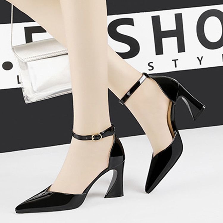 Pu Pointed Toe Chunky Heel Buckle Damskie CZółenka