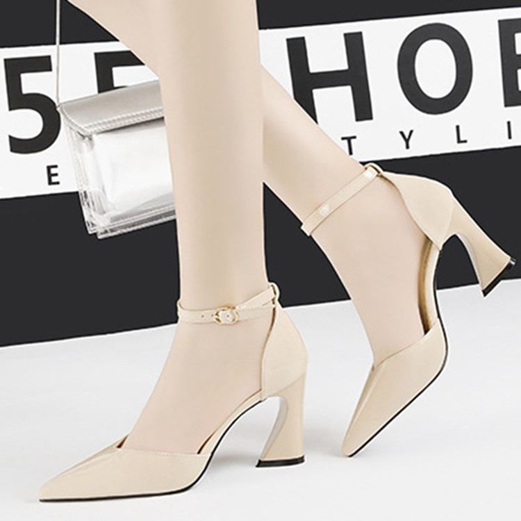 Pu Pointed Toe Chunky Heel Buckle Damskie CZółenka