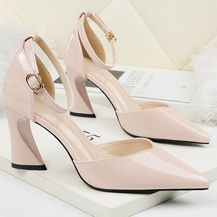 Pu Pointed Toe Chunky Heel Buckle Damskie CZółenka