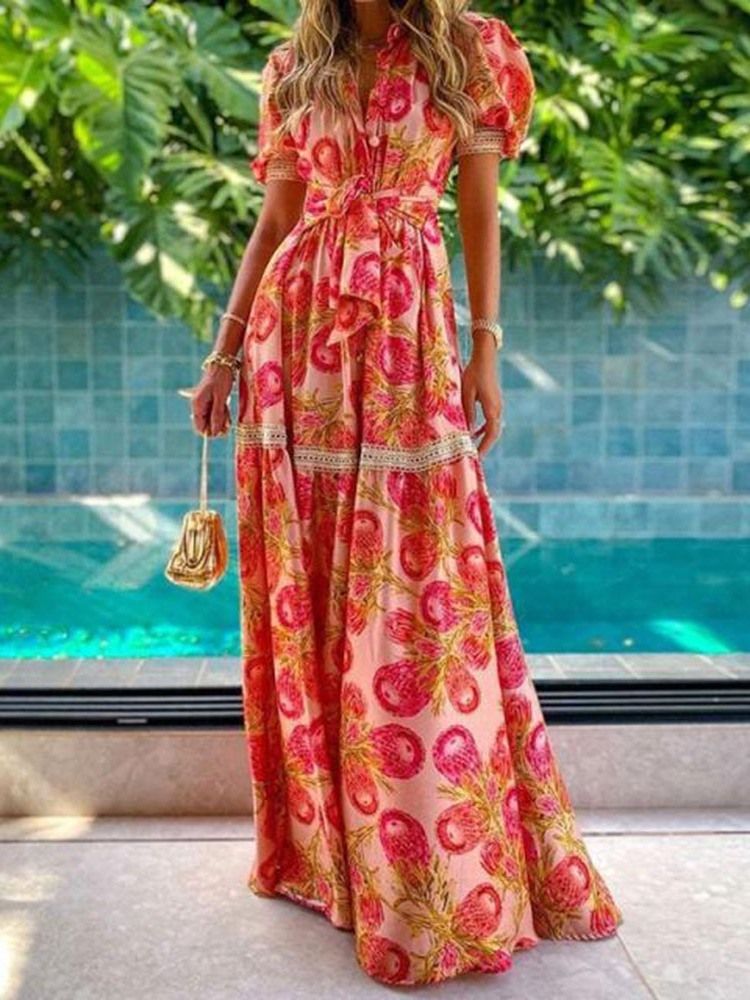 Długość Podłogi Z Krótkim Rękawem Patchwork A-line Floral Maxi Dress Sukienki Plażowe Dla Kobiet