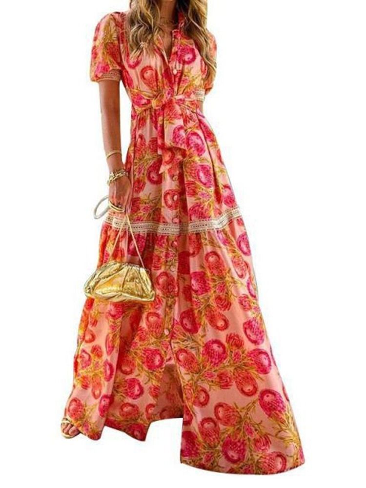 Długość Podłogi Z Krótkim Rękawem Patchwork A-line Floral Maxi Dress Sukienki Plażowe Dla Kobiet