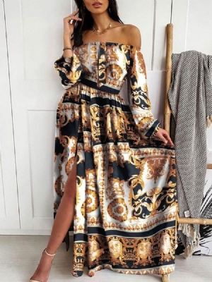 Drukuj Z Długim Rękawem Długość Podłogi Office Lady Pullover Dress Floral Maxi Dress Sukienki Plażowe Dla Kobiet