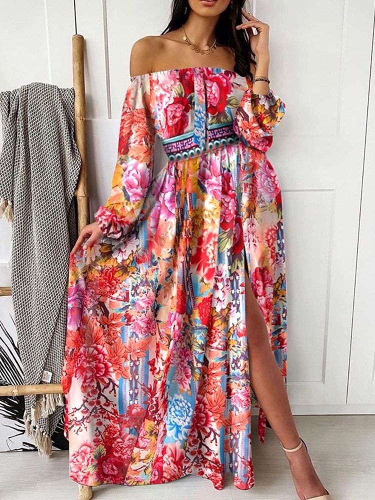 Drukuj Z Długim Rękawem Długość Podłogi Office Lady Pullover Dress Floral Maxi Dress Sukienki Plażowe Dla Kobiet