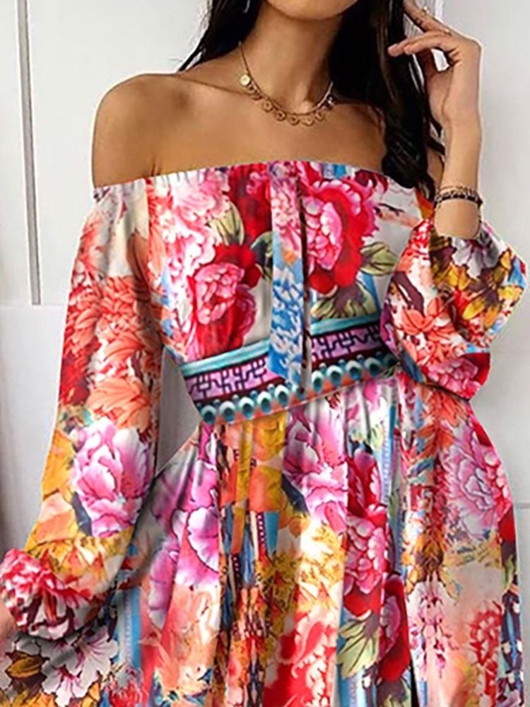 Drukuj Z Długim Rękawem Długość Podłogi Office Lady Pullover Dress Floral Maxi Dress Sukienki Plażowe Dla Kobiet