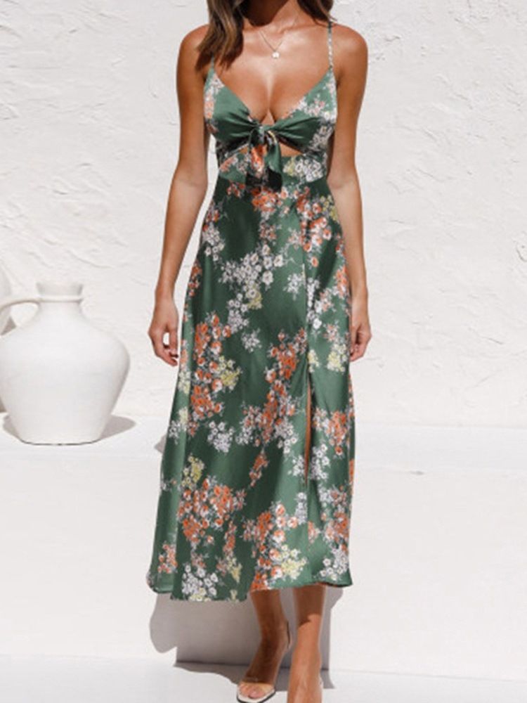 Mid-calf Split Bez Rękawów A-line Floral Maxi Dress Sukienki Plażowe Dla Kobiet Wedding Guest Dress