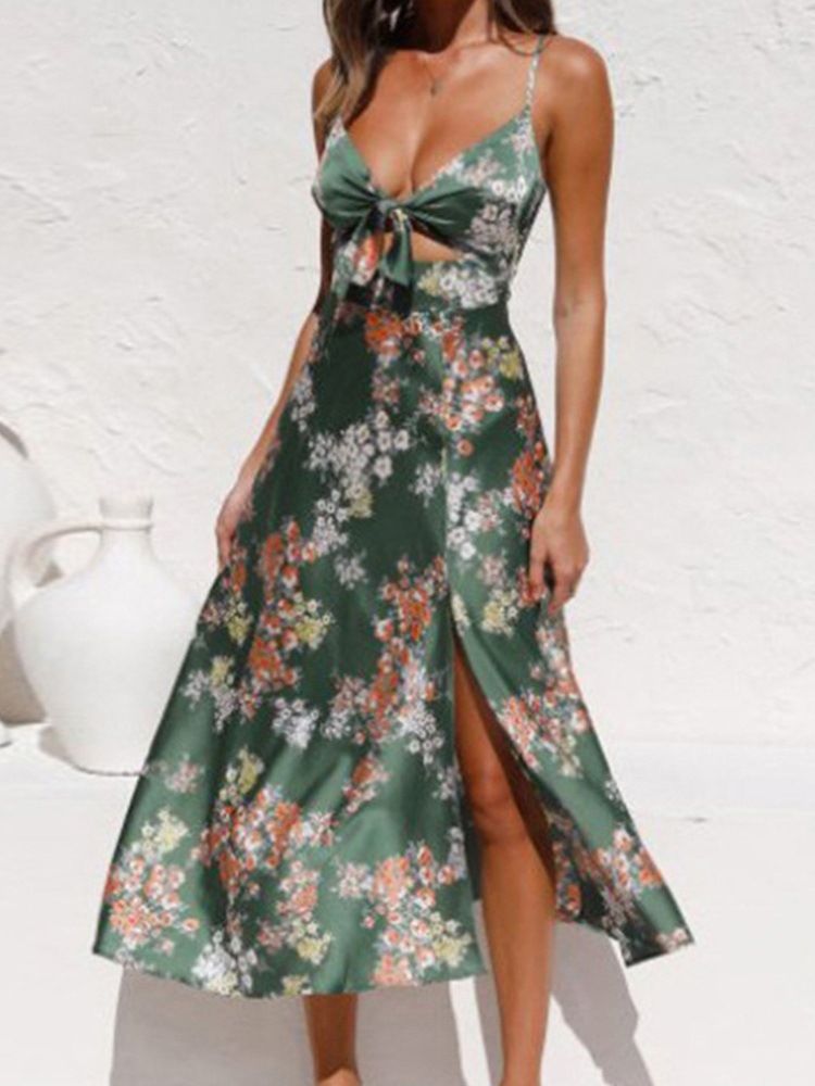 Mid-calf Split Bez Rękawów A-line Floral Maxi Dress Sukienki Plażowe Dla Kobiet Wedding Guest Dress