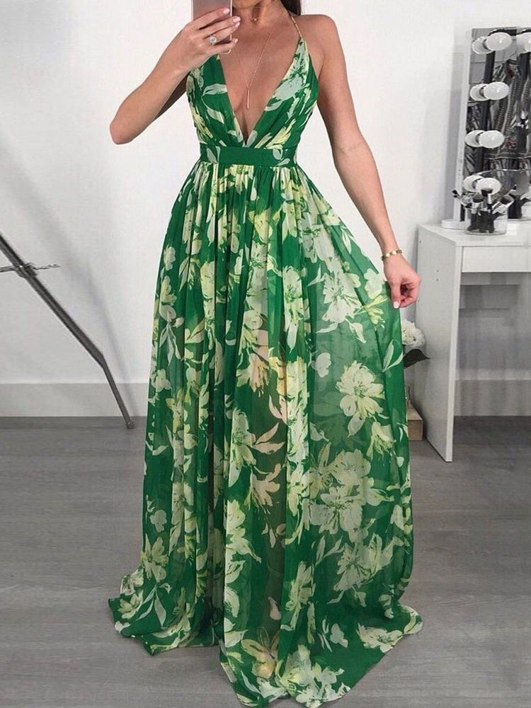 V-neck Backless Długość Podłogi Moda Floral Maxi Dress Sukienki Plażowe Dla Kobiet