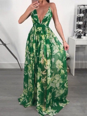 V-neck Backless Długość Podłogi Moda Floral Maxi Dress Sukienki Plażowe Dla Kobiet