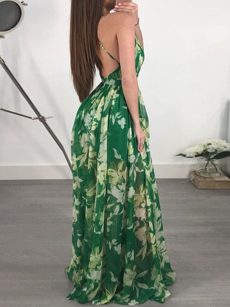 V-neck Backless Długość Podłogi Moda Floral Maxi Dress Sukienki Plażowe Dla Kobiet