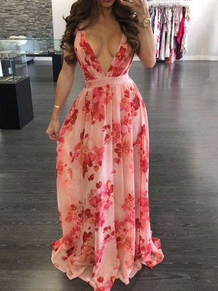 V-neck Backless Długość Podłogi Moda Floral Maxi Dress Sukienki Plażowe Dla Kobiet