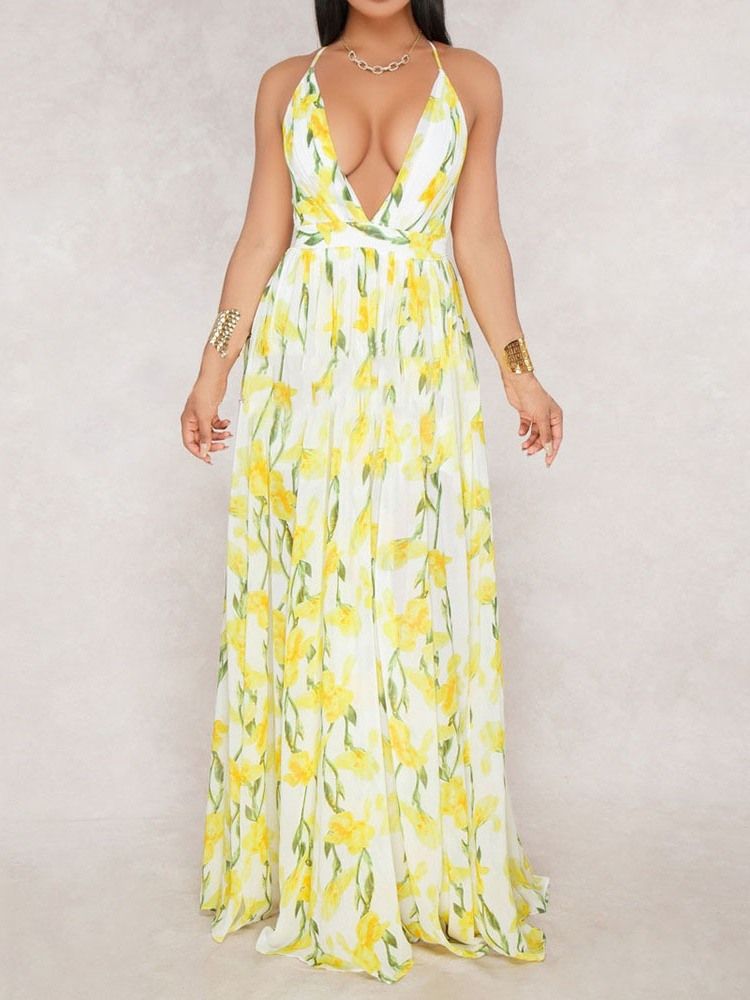 V-neck Backless Długość Podłogi Moda Floral Maxi Dress Sukienki Plażowe Dla Kobiet