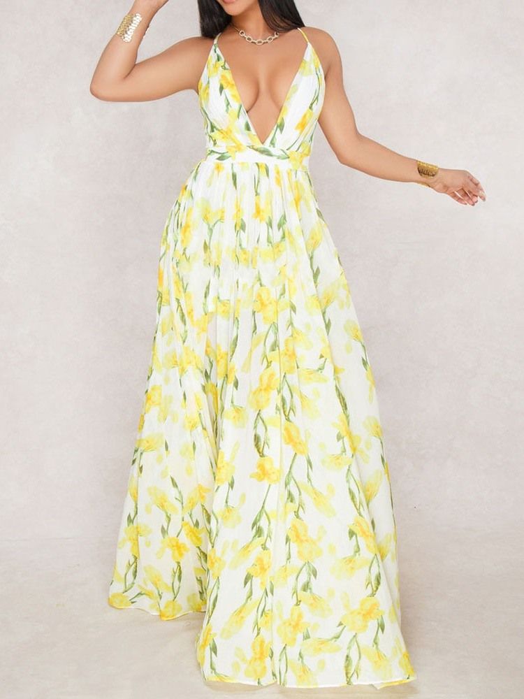 V-neck Backless Długość Podłogi Moda Floral Maxi Dress Sukienki Plażowe Dla Kobiet