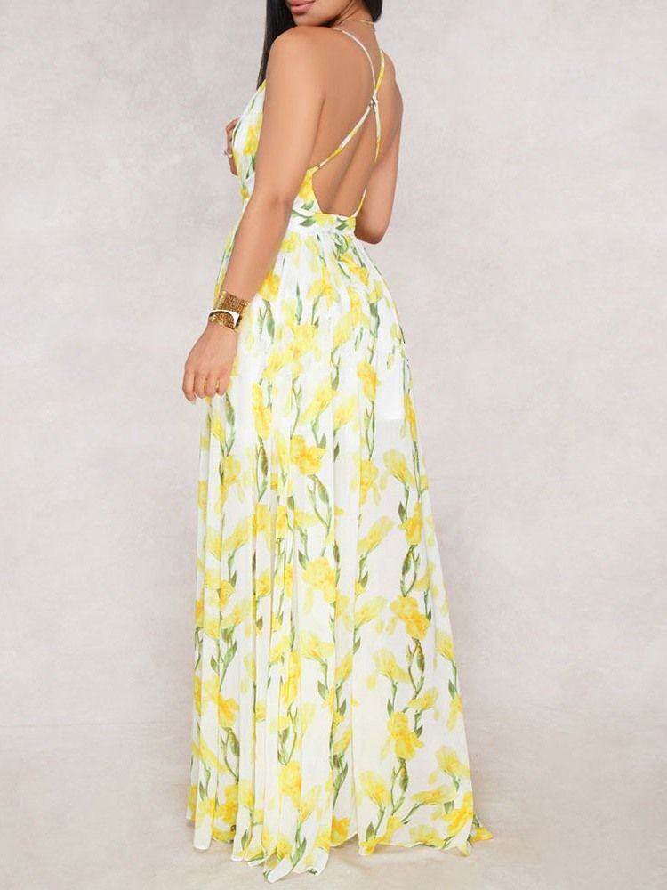 V-neck Backless Długość Podłogi Moda Floral Maxi Dress Sukienki Plażowe Dla Kobiet