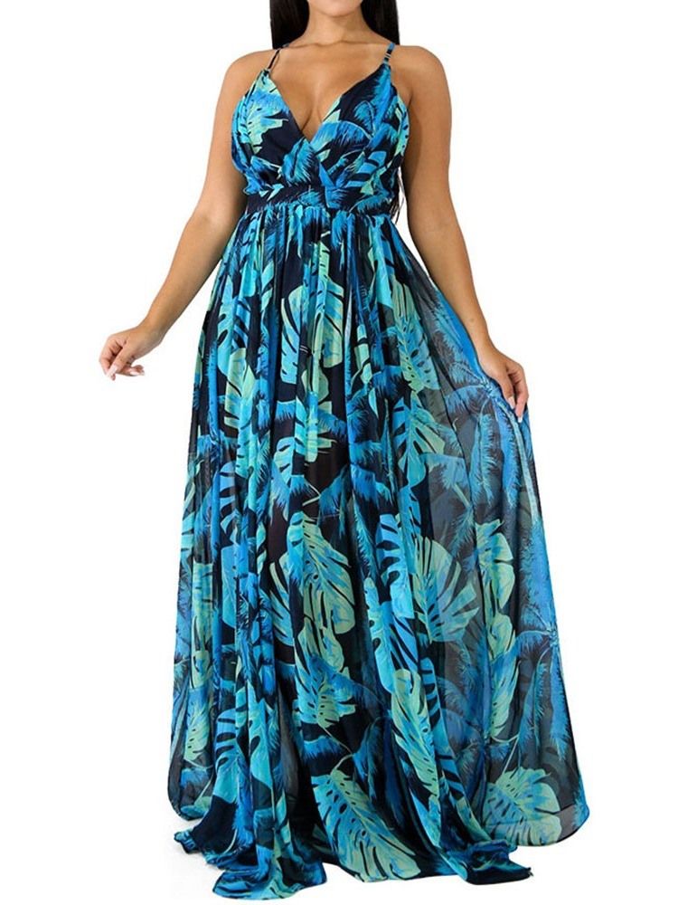 V-neck Backless Długość Podłogi Moda Floral Maxi Dress Sukienki Plażowe Dla Kobiet