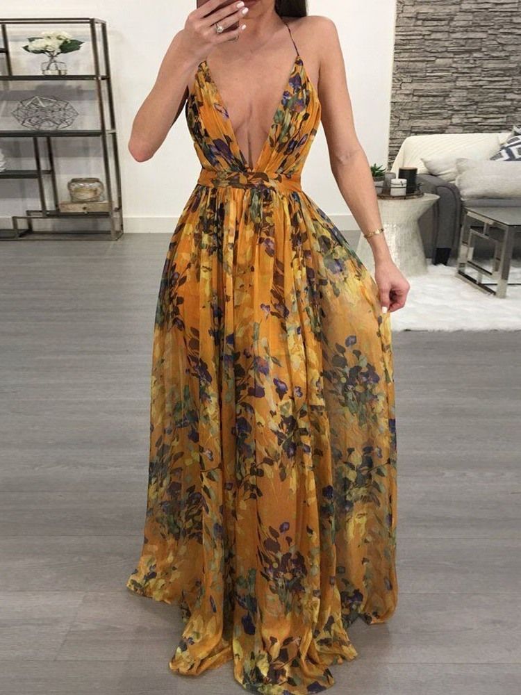 V-neck Backless Długość Podłogi Moda Floral Maxi Dress Sukienki Plażowe Dla Kobiet