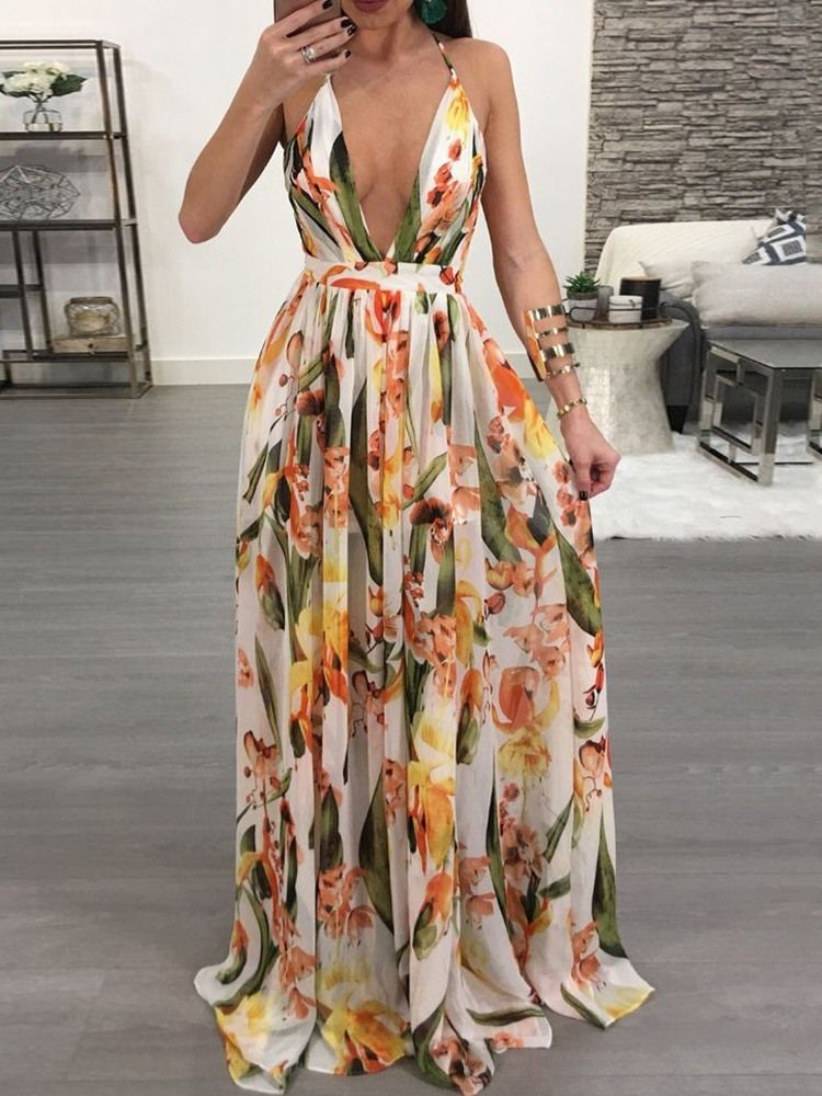 V-neck Backless Długość Podłogi Moda Floral Maxi Dress Sukienki Plażowe Dla Kobiet