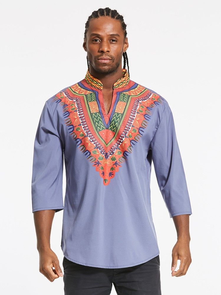 Afrykańska Moda Dashiki Print Color Block Z Dekoltem W Serek Slim Męska Koszulka Slim