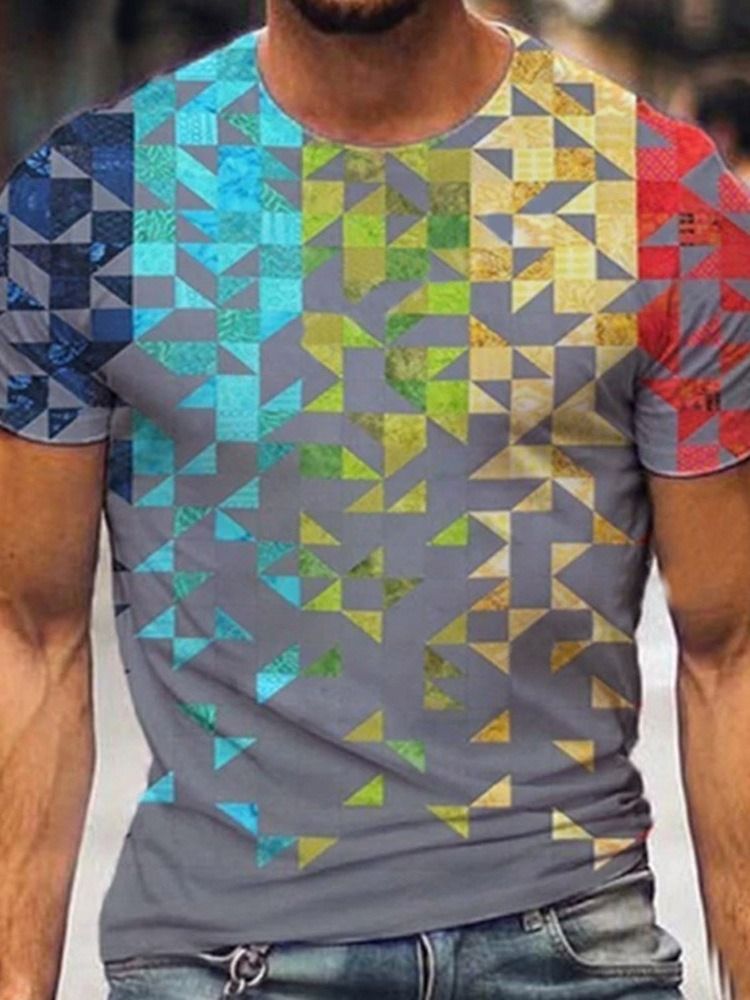 T-shirt Męski Z Krótkim Rękawem I Okrągłym Dekoltem W Geometryczny Wzór