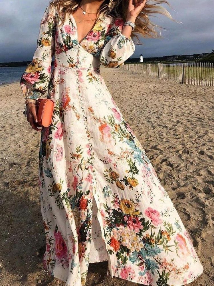 Rozszerzenie Z Długimi Rękawami O Długości Podłogi Ladylike Floral Maxi Dress Sukienki Plażowe Dla Kobiet