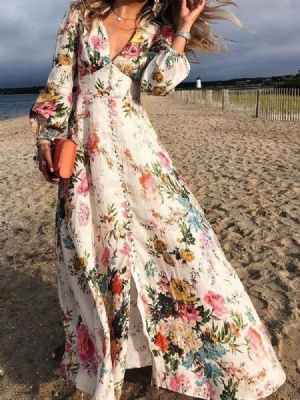 Rozszerzenie Z Długimi Rękawami O Długości Podłogi Ladylike Floral Maxi Dress Sukienki Plażowe Dla Kobiet