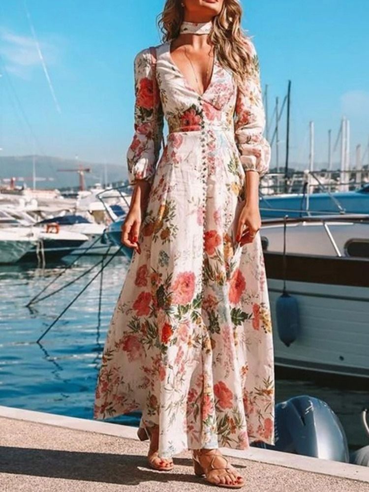 Rozszerzenie Z Długimi Rękawami O Długości Podłogi Ladylike Floral Maxi Dress Sukienki Plażowe Dla Kobiet