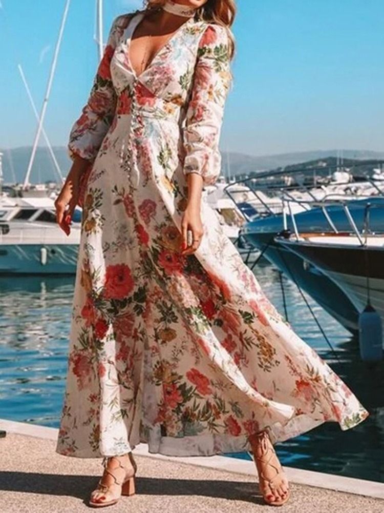 Rozszerzenie Z Długimi Rękawami O Długości Podłogi Ladylike Floral Maxi Dress Sukienki Plażowe Dla Kobiet