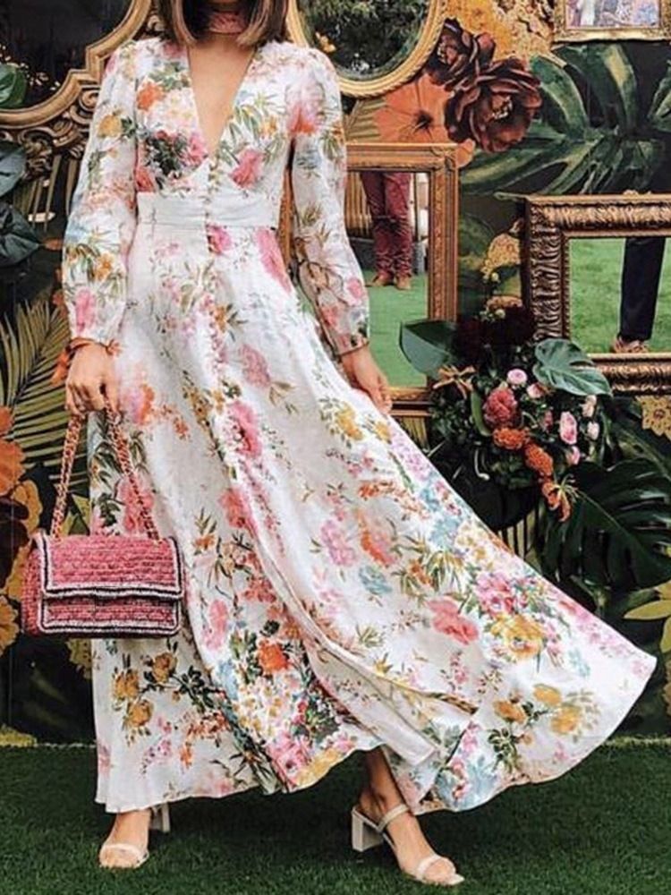 Rozszerzenie Z Długimi Rękawami O Długości Podłogi Ladylike Floral Maxi Dress Sukienki Plażowe Dla Kobiet