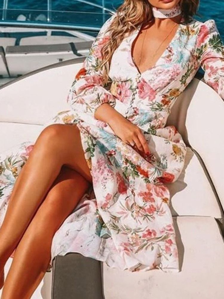 Rozszerzenie Z Długimi Rękawami O Długości Podłogi Ladylike Floral Maxi Dress Sukienki Plażowe Dla Kobiet