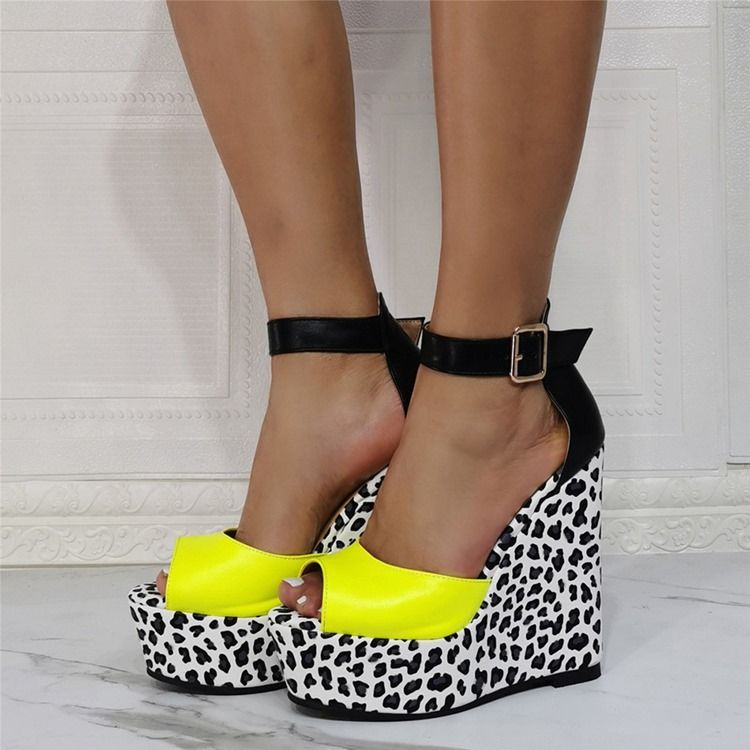 Cienkie Buty Damskie Na Koturnie Peep Toe Buckle Leopard