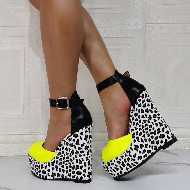 Cienkie Buty Damskie Na Koturnie Peep Toe Buckle Leopard