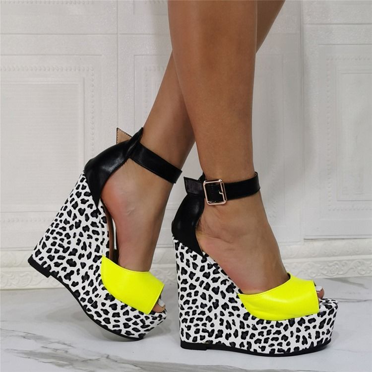 Cienkie Buty Damskie Na Koturnie Peep Toe Buckle Leopard